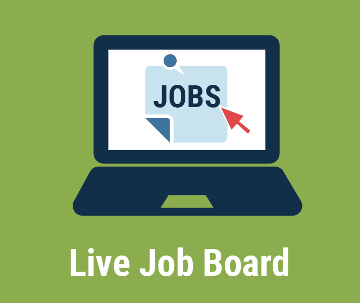 Live Job Board. Illustration of laptop with JOBS text on screen and red mouse arrow pointing to it.